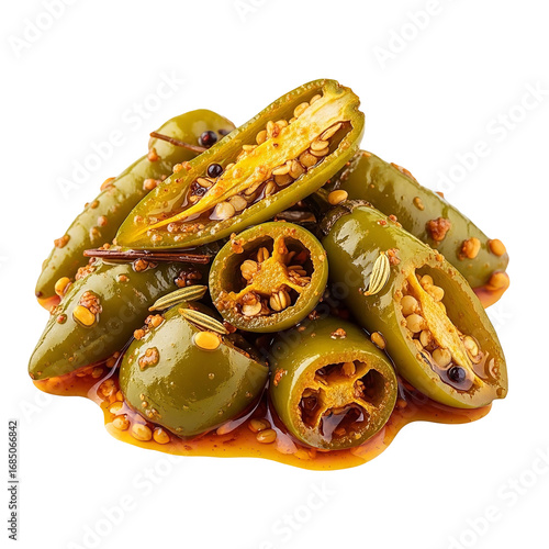 Photo of a pile of spicy pickled jalapeo peppers, sliced and seasoned with a flavorful brine, isolated on a transparent background