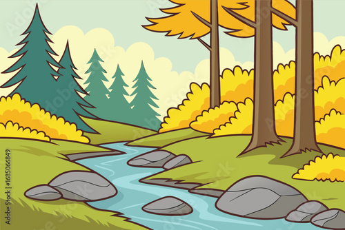 Cartoon landscape shows water flowing through forest with evergreen and yellow leaf trees