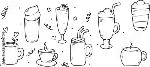 Milkshake and Beverage Doodles – Drinks, Sweets, Ice Cream, Cafe Sketch, Hand Drawn Illustration