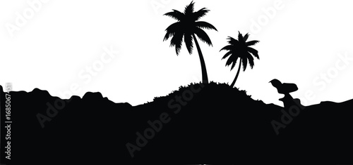 
A stylized silhouette of a tropical island scene. Two palm trees are on a small hill, with a silhouette of a sitting bird on the right side.