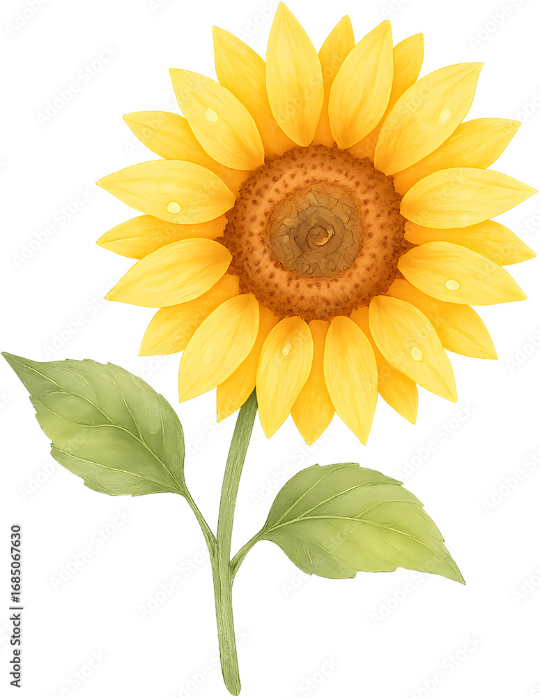 Fototapeta premium Watercolor Sunflower Single Bloom Clipart, Transparent Background PNG, Golden Yellow Petals with Spiral Seed Center and Dewdrop Highlights, Isolated 1:1 High-Resolution Botanical Illustration for Pack