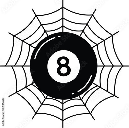 Black and white eight ball with spider web background in a vector illustration graphic design element
