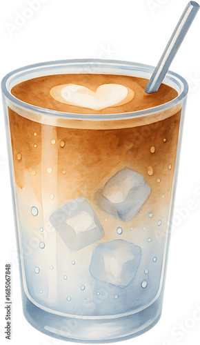 Watercolor Iced Caffè Latte Clipart, Transparent Background PNG, Layered Milk and Espresso with Three Ice Cubes and Subtle Heart Foam, Isolated 1:1 High-Resolution Illustration for Cafe Menu