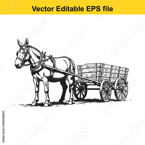 Horse pulling a wooden cart isolated on white background