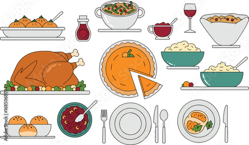 A complete collection of traditional holiday dinner food icons, showcasing a festive Thanksgiving feast with turkey, pie, and side dishes