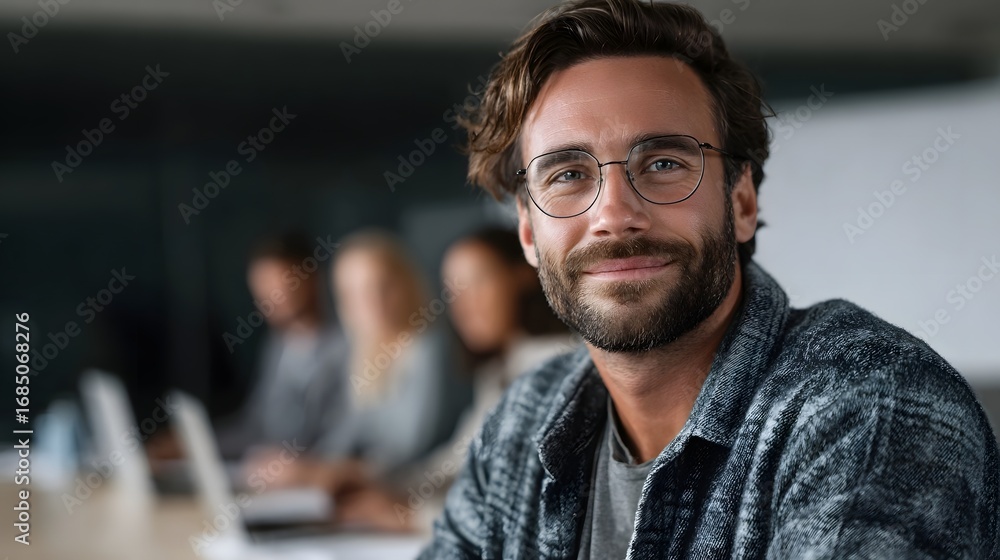 Fototapeta premium Confident young professional man with glasses smiles sitting in a modern office meeting room with blurred colleagues and laptops in the background