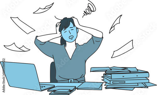 Stressed Woman at Work – Office Pressure, Deadlines, Burnout, Paperwork, Overwork, Mental Health Illustration