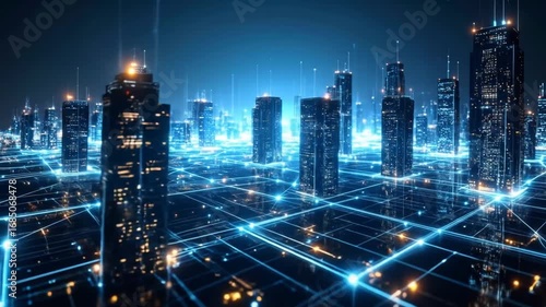 Wallpaper Mural Futuristic Cityscape with Interconnected Network Lines and Modern Architecture Torontodigital.ca