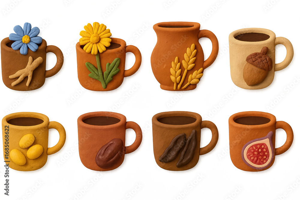 Obraz premium Rustic clay mugs with natural elements in playful style