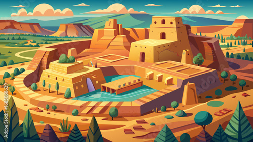 Chaco Culture in New Mexico, USA preserves monumental stone structures, ceremonial kivas, and ancient roadways, illustrating the sophisticated engineering and spiritual traditions of ancestral Puebloa