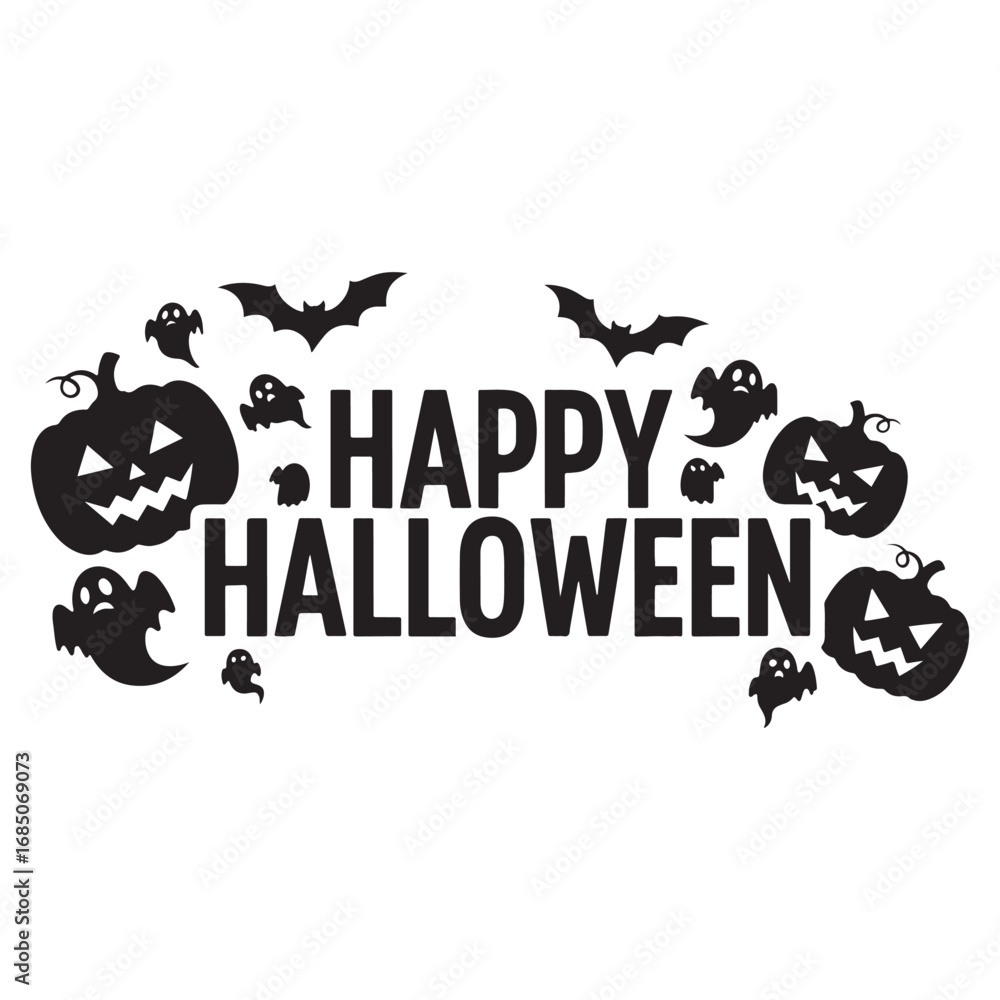 Fototapeta premium Happy Halloween Text with Ghosts, Pumpkins, and Bats