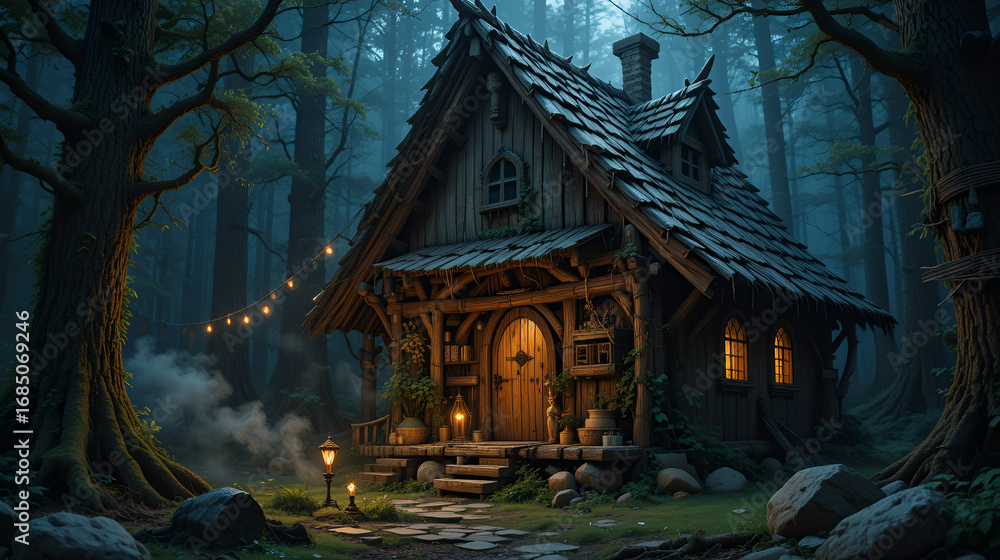 Obraz premium Baba Yaga legend: forest witch, powerful magic, ancient wisdom, magical hut, folklore icon, mystical creatures, Slavic myth, dark power, terrifying presence, mysterious protector