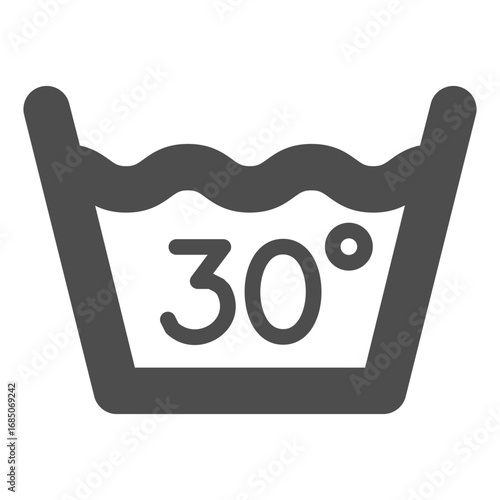 Basin with normal water solid icon, manual washing concept. Vector graphics. Thirty degree water for wash, laundry sign on white background, glyph style icon for mobile or web design.
