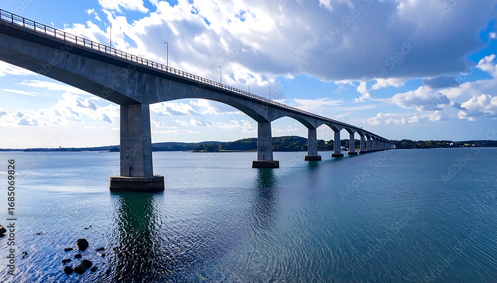 Naklejka premium A long concrete bridge spans a calm body of water under a partly cloudy sky. Vast, serene landscape