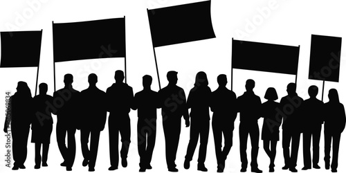 Silhouette of a diverse group of people holding blank protest flags