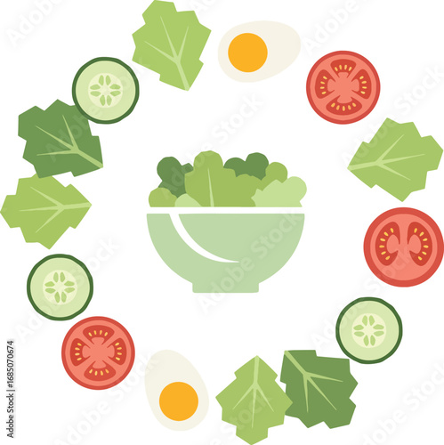 Fresh Salad Ingredients Arranged in a Circular Pattern Around a Bowl of Greens, Featuring Tomatoes, Cucumbers, Lettuce, and Hard-Boiled Eggs