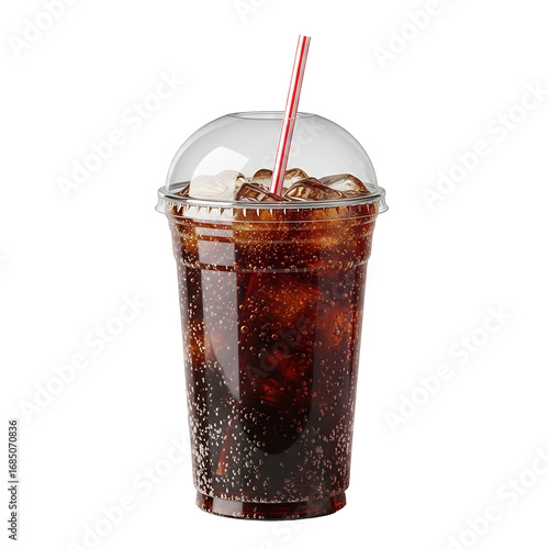 Photo of a refreshing cola drink with ice and a straw in a clear plastic cup, isolated on transparent background