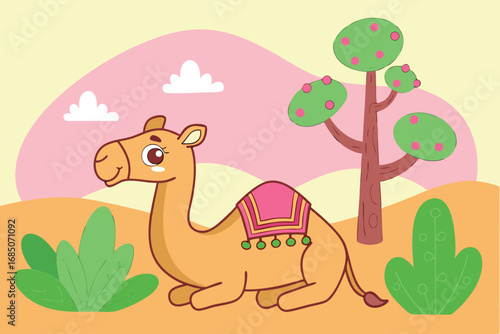 Cartoon camel with pink saddle rests in the desert among trees peacefully