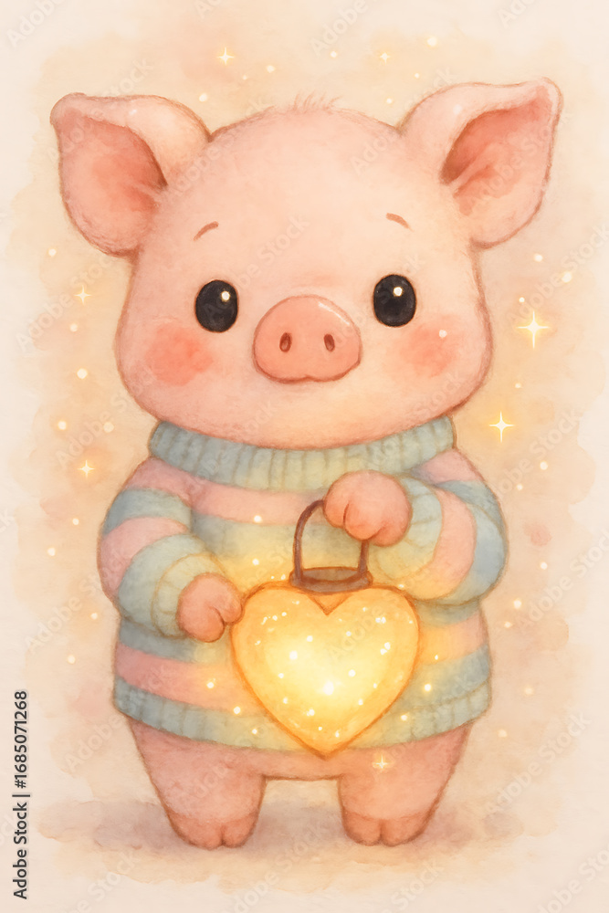Fototapeta premium Piggy's heartwarming lantern leads the way through the night