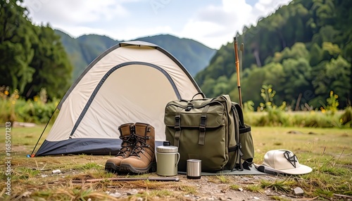 Camping Gear on Meadow With Tent and Backpack