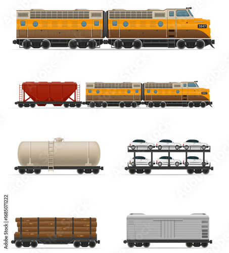 locomotive passenger and freight cars for transportation by rail cartoon stock vector illustration isolated on white background