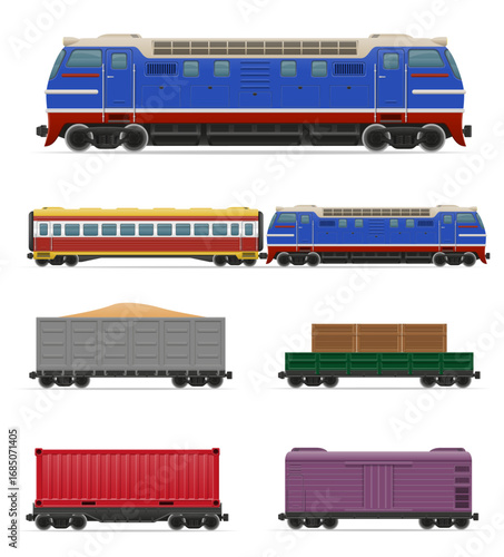 locomotive passenger and freight cars for transportation by rail cartoon stock vector illustration isolated on white background