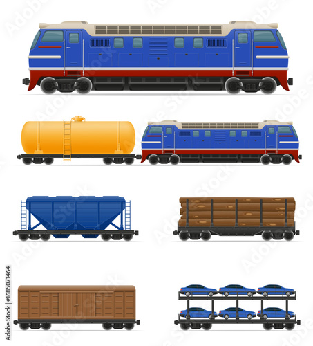 locomotive passenger and freight cars for transportation by rail cartoon stock vector illustration isolated on white background