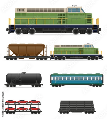 locomotive passenger and freight cars for transportation by rail cartoon stock vector illustration isolated on white background