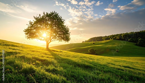 Sunset over Rolling Green Hills with Lone Tree