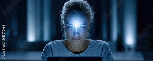 Wallpaper Mural Brain fog and concentration problems concept. Young woman focused on laptop screen in a dark setting. Torontodigital.ca