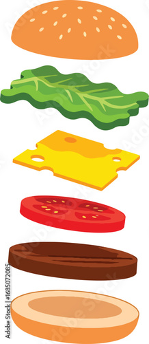 Exploded view illustration of a classic hamburger with all its components layered on a white background, perfect for food-related content