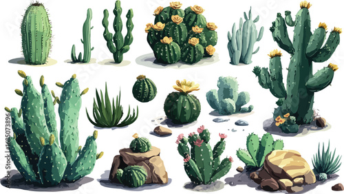 Collection of diverse desert cacti and succulents in various shapes and sizes with blooming flowers
