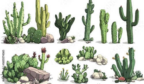 Collection of diverse desert cacti and succulents arranged in a naturalistic arrangement with rocks and soil