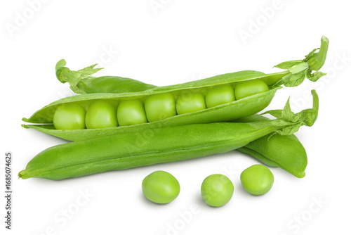 Fresh green pea pod with beans isolated on white background