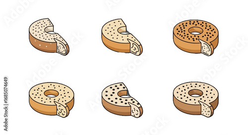 Cartoon bagels vector icon set with six colorful designs