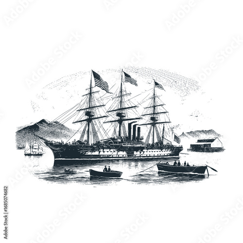 American warships of the colonial era – Black and White Icon Vector and Illustration