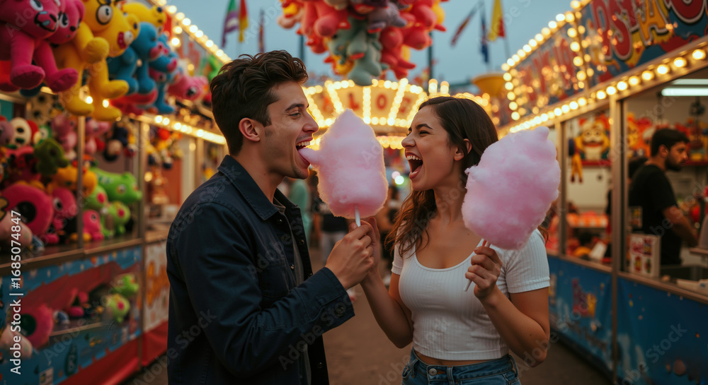 Naklejka premium Happy young couple sharing cotton candy together at colorful carnival with bright lights and festive atmosphere. Romance and amusement park fun banner