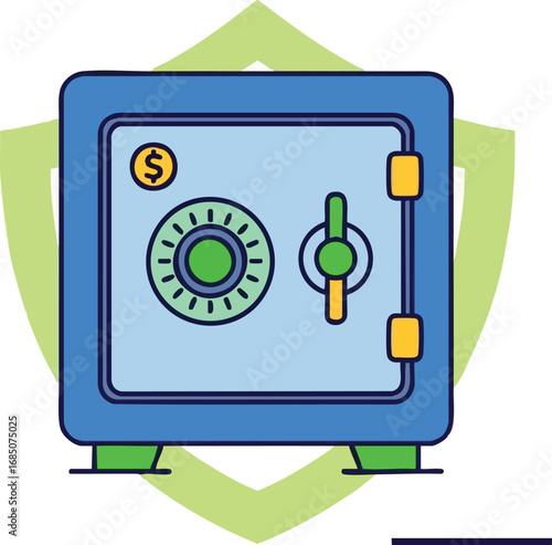 A vibrant flat design illustration of a blue safe with a dollar sign icon, combination dial, and secure handle. This graphic represents financial security, asset protection, and wealth storage