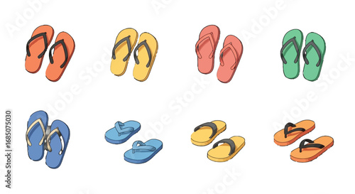 Colorful flip flops vector icon set with four summer designs