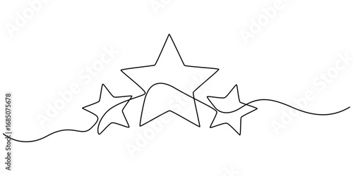 one line drawing three stars continuous handdrawn minimalism decorative art, Continuous one line drawing three star. Sketch vector illustration, Award symbol. Feedback concept. Vector illustration.