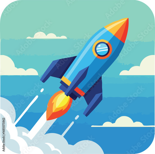 Cartoon rocket launching into space. Startup illustration of a blue rocket flying upwards through clouds against a blue and green sky. Represents success, adventure, and growth
