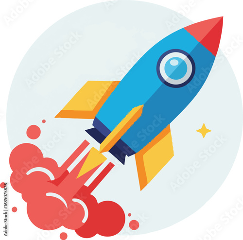 Cartoon rocket ship blasting off, symbolizing space travel, innovation, and futuristic concepts