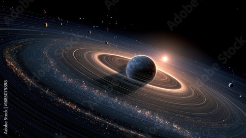 Vast galaxy with a glowing ringed planet and distant stars