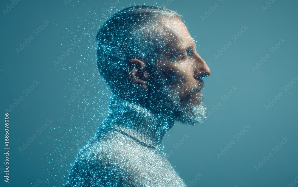 Fototapeta premium Ai and humanity futuristic technology portraits with double exposure abstract faces in a digital environment