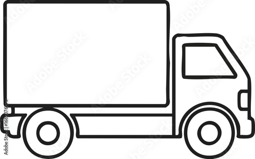 Clean line art illustration of a delivery truck or cargo van, presented as a simple black and white outline icon