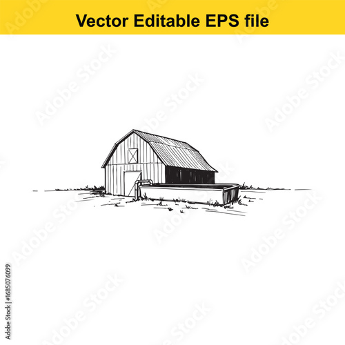 Sketch of a barn with a water trough, isolated on white background