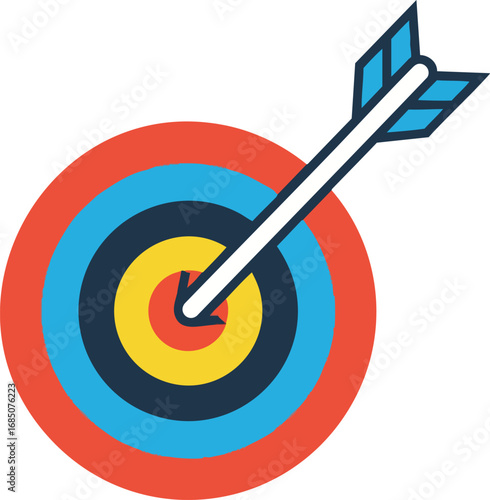Colorful bullseye illustration with arrow hitting the center. Represents focus, accuracy, and success. Perfect for business, marketing, and goals-oriented designs. Clean and modern vector style