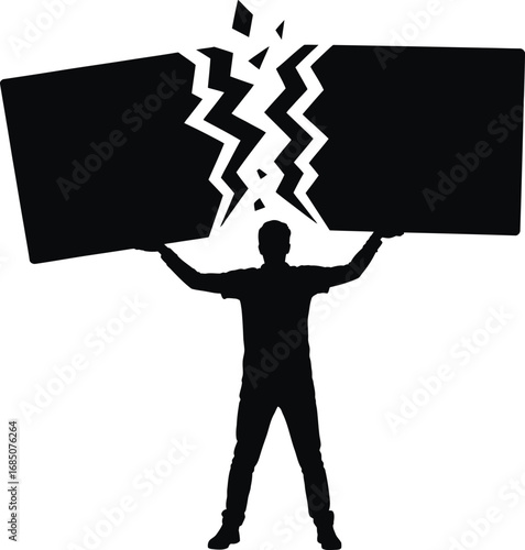 Silhouette of a person holding up two broken pieces of a large object