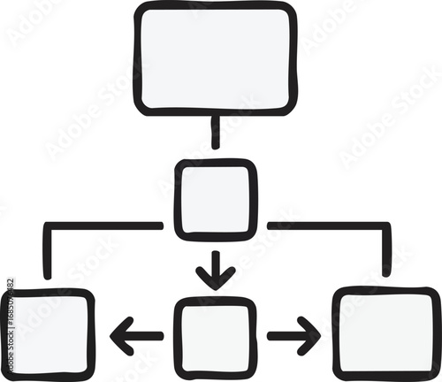 Conceptual illustration of a flowchart. Black and white diagram showing hierarchical structure with arrows for business processes and project management, useful for visual communication