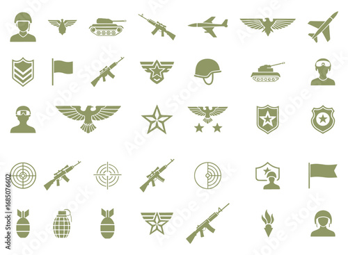 Collection of military icons and symbols representing warfare and armed forces elements silhouette isolated on white background